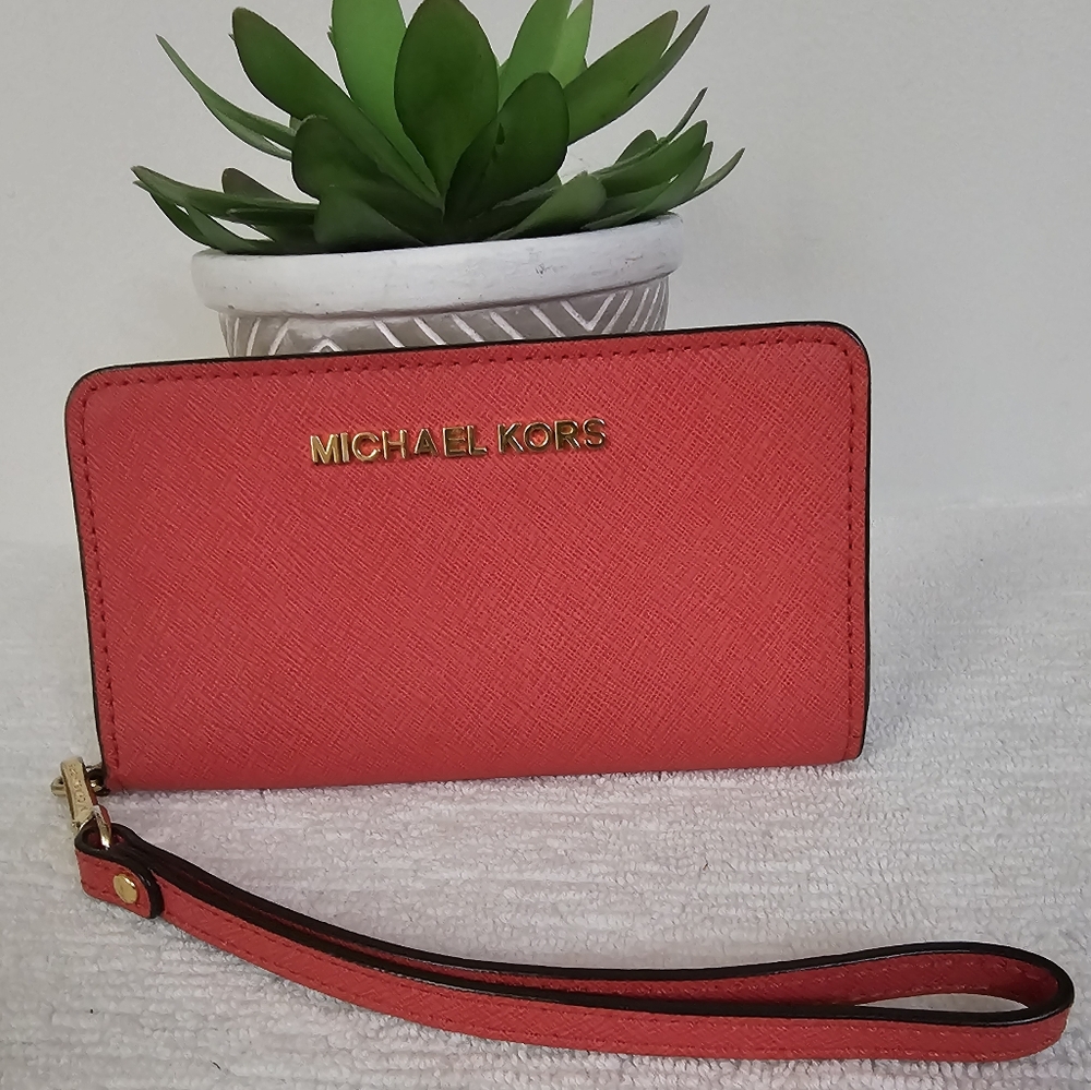 Michael Kors Bright Coral Saffiano Leather Wallet I.D Holder Wristlet